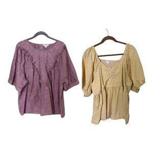 2 Terra & Sky Womens  Shirts  3X Blouse sPurple Stripe & Yellow Gingham V-Neck